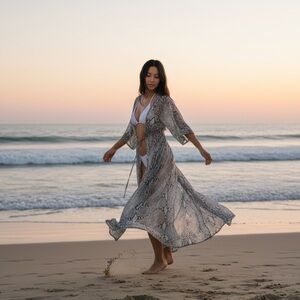 NWOT Silk Organza Duster Kimono Maxi Animal Print Beach Travel Summer | Sz XS/S